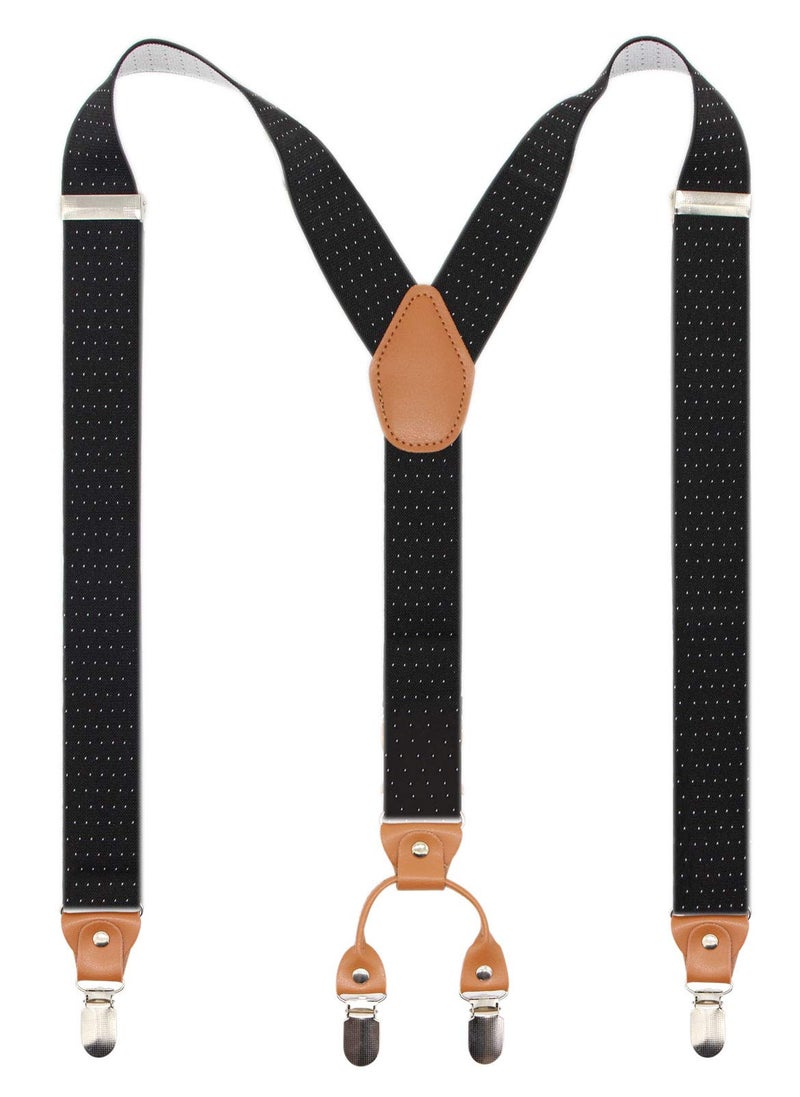 Timiot Menâ€™s Y-Back 4 Metal Clip Elastic Wide Suspenders Perfect For Both Casual&Formal (Black Polka Dot) - Image 1